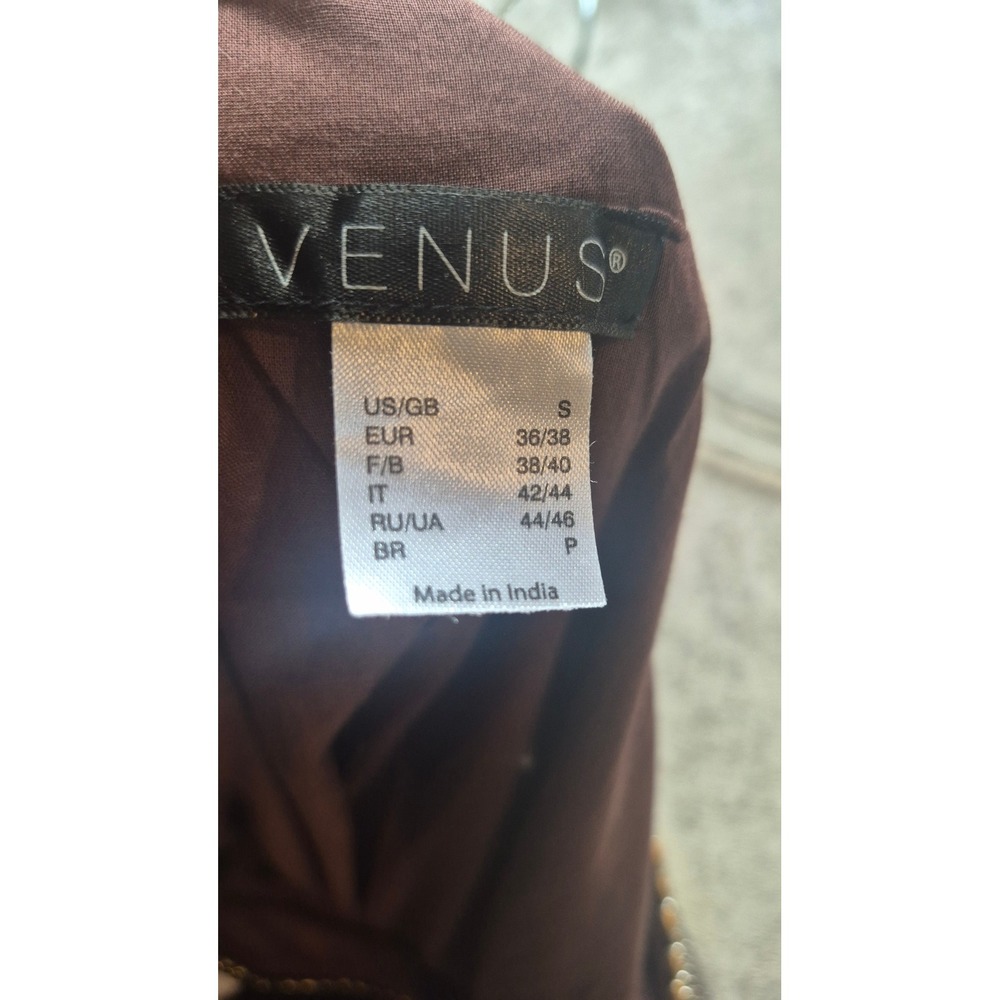 Venus Brown Boho Beaded V-Neck Smocked Waist Ruffle Hem Mini Dress Womens Small - Picture 9 of 15